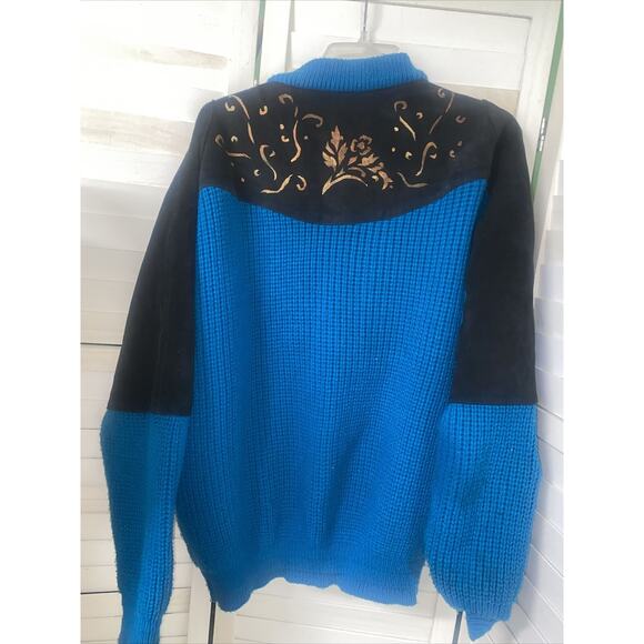 VTG 70s PIONEER WEAR Men’s Western, Aztec Sweater Turquoise Leather Large - Picture 1 of 10